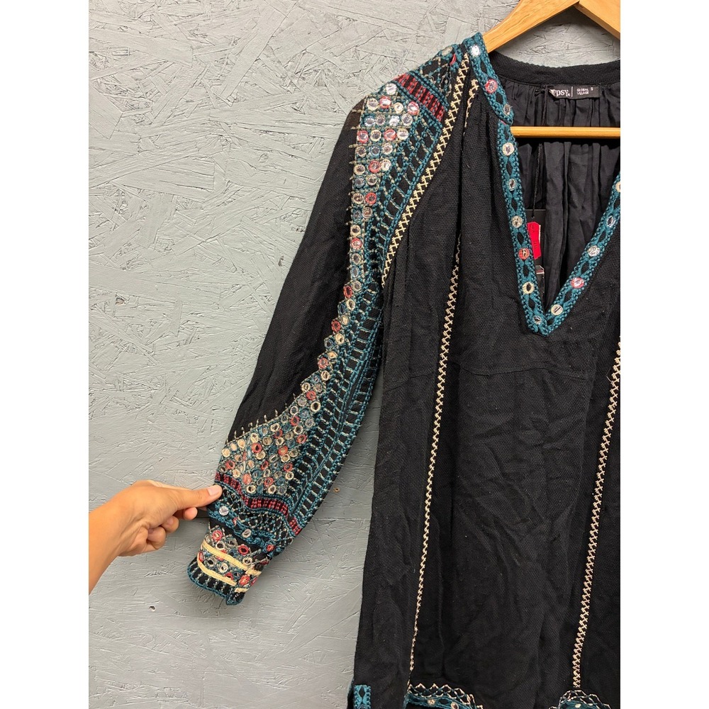 Gypsy 05 Dress Womens S Bohemian Long Sleeve Embellished Raglan Tassel Hippie - Picture 3 of 10